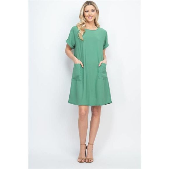 Green Rolled Sleeve Shift Dress with Pockets - Picture 3 of 8